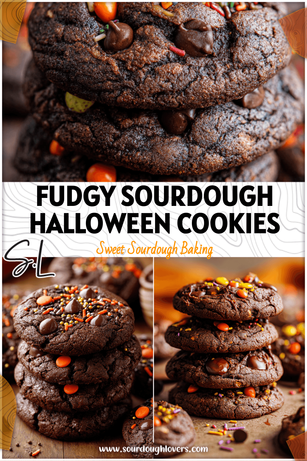 Stack of fudgy Sourdough Chocolate Halloween Cookies topped with chocolate chips and festive sprinkles.